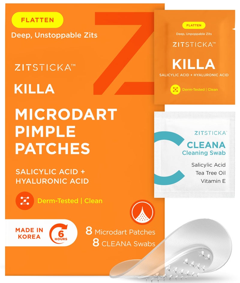 ZitSticka Killa Pimple Patches for Face - World's Most Potent Pimple Patch with Fast-Acting Microdarts - Starts Working within 6 Hours for Deep, Early-Stage Zits - Regular 8 Count with Cleana Swab - Image 1