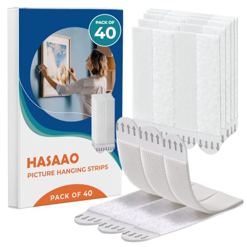 HASAAO Large Picture Hanging Strips Heavy Duty - 40x Strips(20 Pairs), Wall Hanging Advesive Strips for Damage-Free Picture Hanger, Mounting of Photos, Frames, and Wall Decor - Image 1