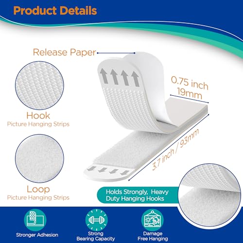 HASAAO Large Picture Hanging Strips Heavy Duty - 40x Strips(20 Pairs), Wall Hanging Advesive Strips for Damage-Free Picture Hanger, Mounting of Photos, Frames, and Wall Decor - Image 2