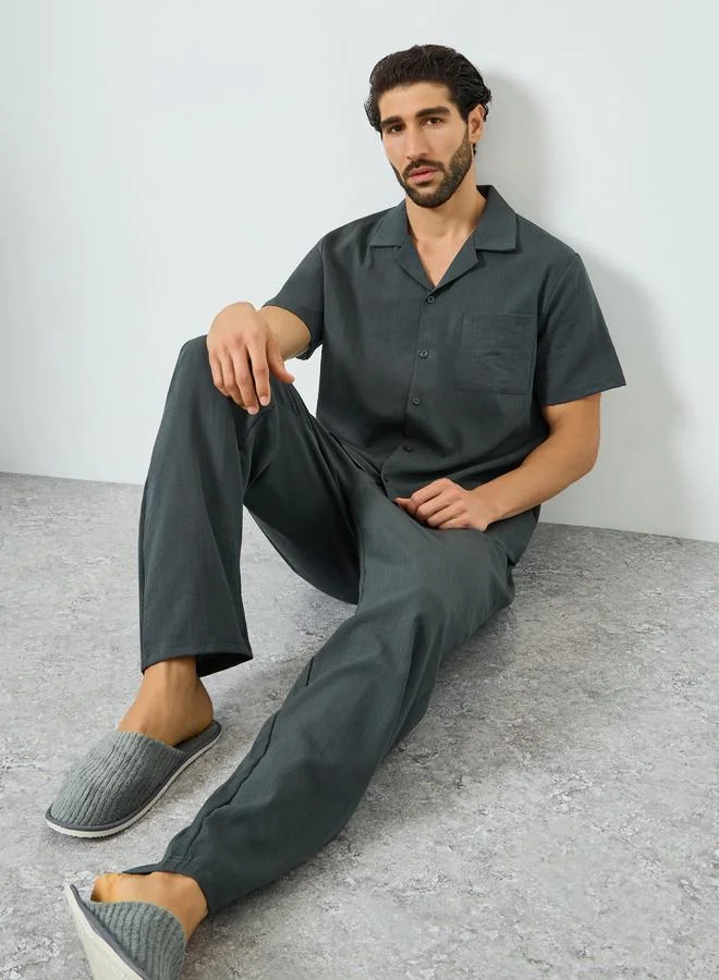 Men Charcoal Buttoned Shirt and Pyjama Set