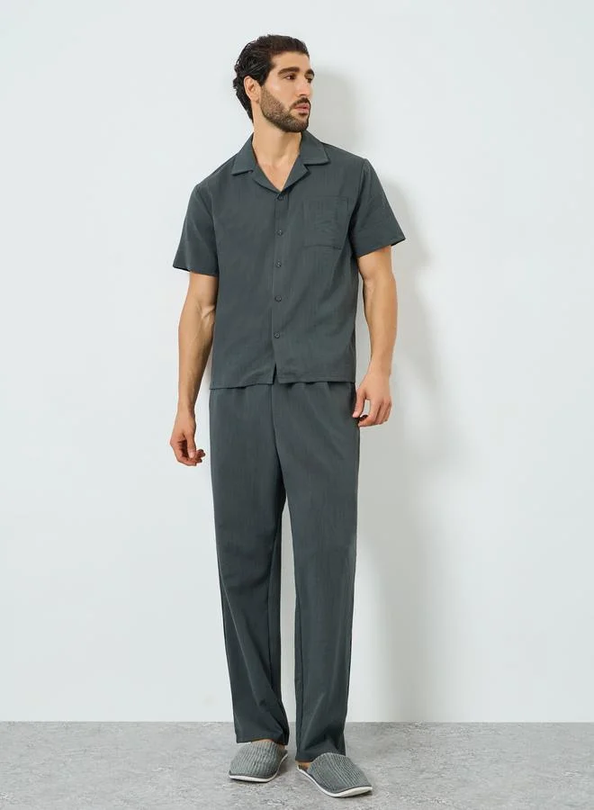 Styli Men Charcoal Buttoned Shirt and Pyjama Set