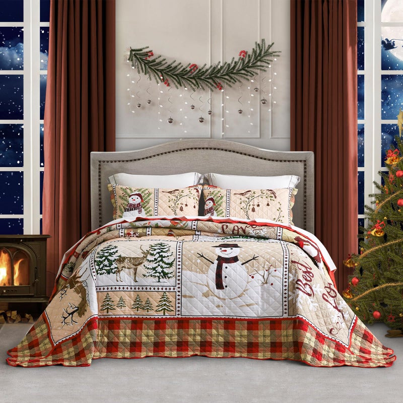 HZ HY Christmas Oversized Bedspread King Size Winter Snowman Pattern Bedding Quilt Rustic Lodge Plaid Patchwork Comforter Set Lightweight Soft Microfiber 3 Piece KingCal King