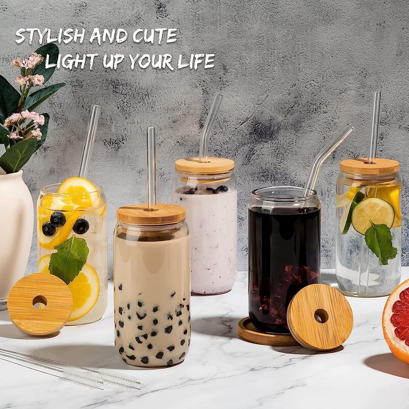KHOLAD Beer Can Glasses with Wooden Lids and Glass Straw Drinking Cups 540ml Iced Coffee Glasses Cup Smoothie Cups Tumbler Glass Reusable Boba Cup Drinking Glasses Set of 2 - Image 5