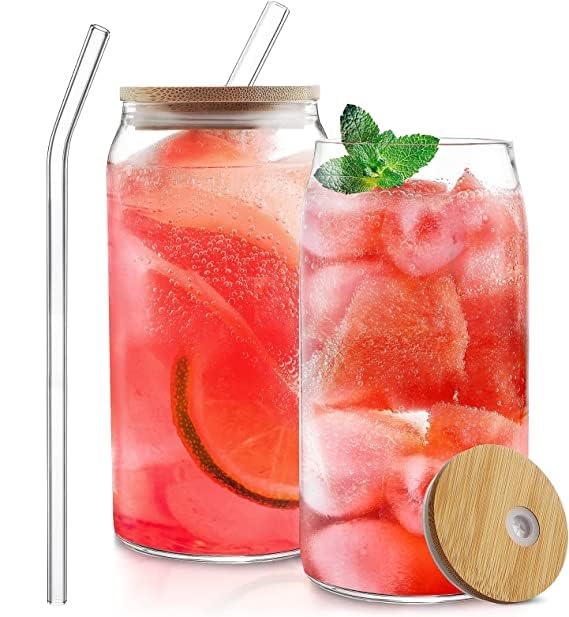 KHOLAD Beer Can Glasses with Wooden Lids and Glass Straw Drinking Cups 540ml Iced Coffee Glasses Cup Smoothie Cups Tumbler Glass Reusable Boba Cup Drinking Glasses Set of 2 - Image 1