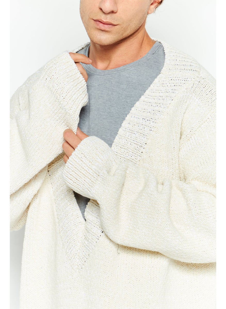 BOTTEGA VENETA - Men Oversized V-Neck Knitted Sweater, Cream - Image 1