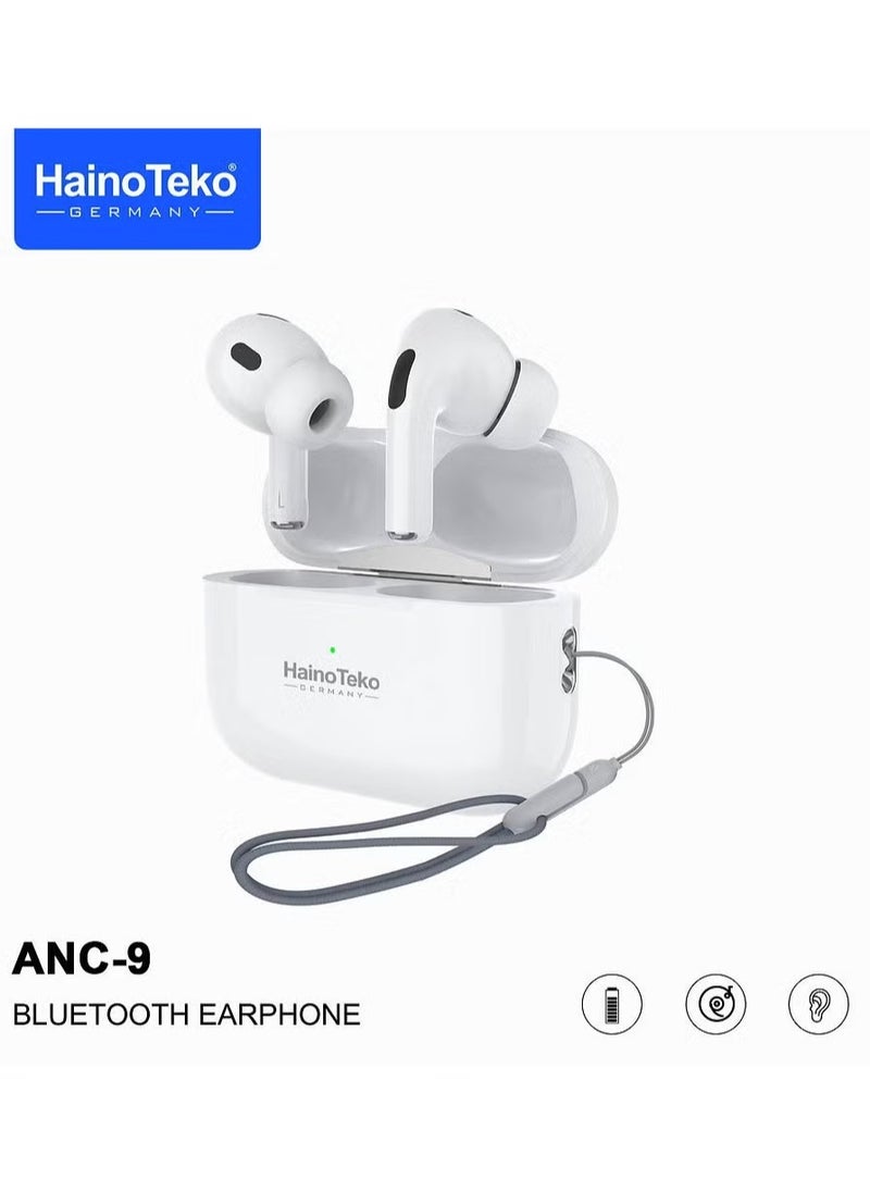 Haino Teko - ANC 9 Bluetooth Earphones with Active Noise Cancellation – Enhanced Bass, Clear Microphone, Touch Controls, Compatible with Android Mobiles & Tablets – White - Image 1