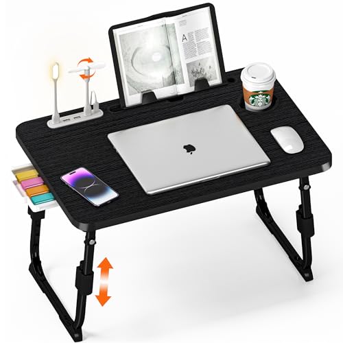 DECOSIS Laptop Desk for Bed Height Adjustable, Lap Bed Table with USB/Storage Drawer/Cup Holder/Tablet Stand/Book Shelf, Foldable Breakfast Tray Portable for Reading Writing, Sofa & Floor, Black - Image 1