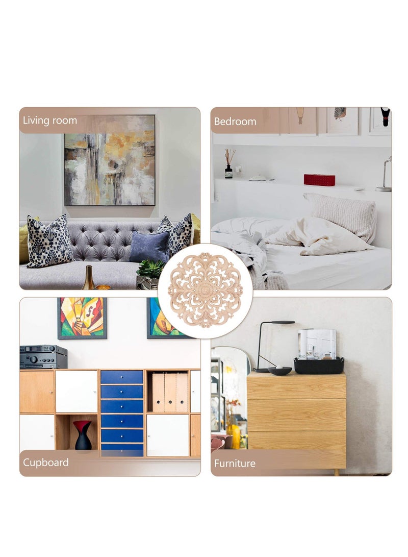 4 Pcs Decorative Wood Hollow Flower Carved Appliques Onlays, Unpainted Vintage Round Carving Decal for Furniture Cabinet Bed Closet DIY Decoration - Image 5