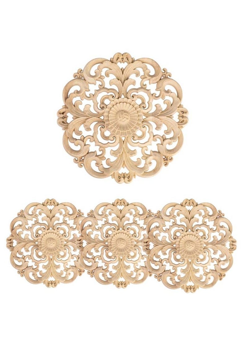 4 Pcs Decorative Wood Hollow Flower Carved Appliques Onlays, Unpainted Vintage Round Carving Decal for Furniture Cabinet Bed Closet DIY Decoration - Image 1