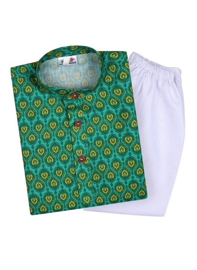 Superminis - superminis Baby Boys Printed Cotton Kurta With White Pyjama Dress (9-10 Years, Green) - Image 1