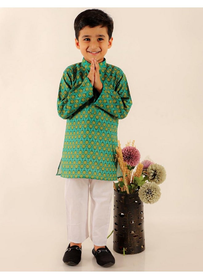 Superminis - superminis Baby Boys Printed Cotton Kurta With White Pyjama Dress (9-10 Years, Green) - Image 1