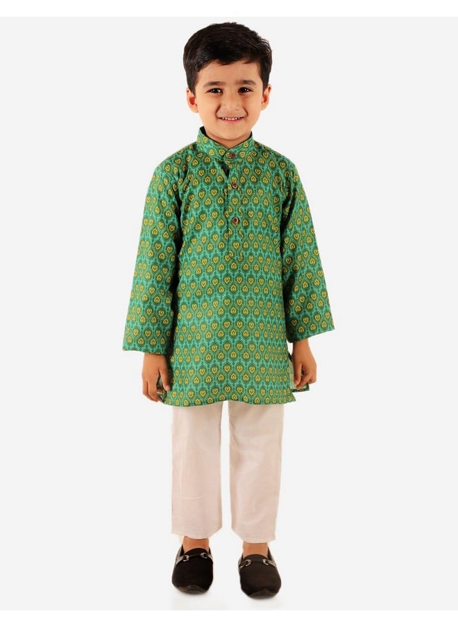 Superminis - superminis Baby Boys Printed Cotton Kurta With White Pyjama Dress (9-10 Years, Green) - Image 1