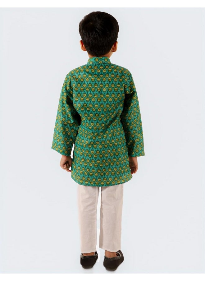 Superminis - superminis Baby Boys Printed Cotton Kurta With White Pyjama Dress (9-10 Years, Green) - Image 1