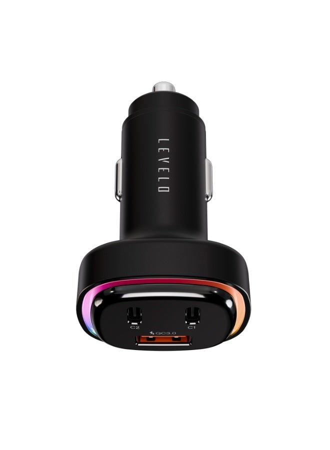 ليفيلو شاحن سيارة 66 واط بثلاثة منافذ مع منفذي USB-C ومنفذ USB-A للشحن السريع، هيكل من سبيكة الزنك مع إضاءة LED، ستاتيك - Image 4