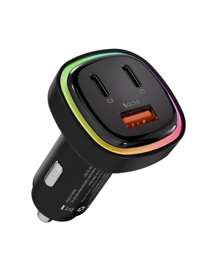 ليفيلو شاحن سيارة 66 واط بثلاثة منافذ مع منفذي USB-C ومنفذ USB-A للشحن السريع، هيكل من سبيكة الزنك مع إضاءة LED، ستاتيك - Image 1