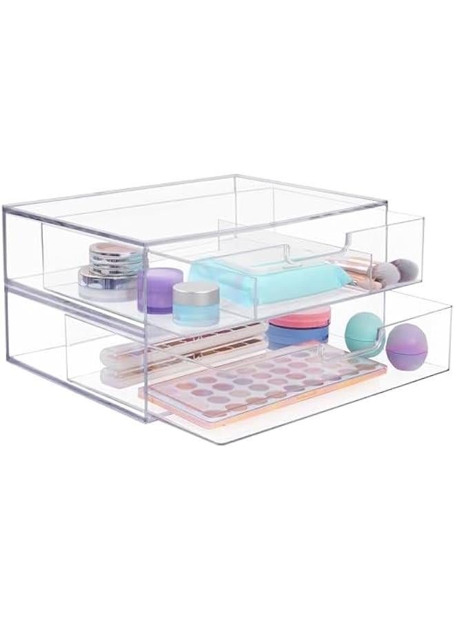 Arabest Sofia 12.5” Wide Clear Stackable Open & Divided Storage Drawers, 2 Pack Plastic Organizer Bins for Makeup Palettes, Cosmetics, & Beauty Supplies, Vanity, Bathroom, Desk Organization, Made in USA  - Image 1