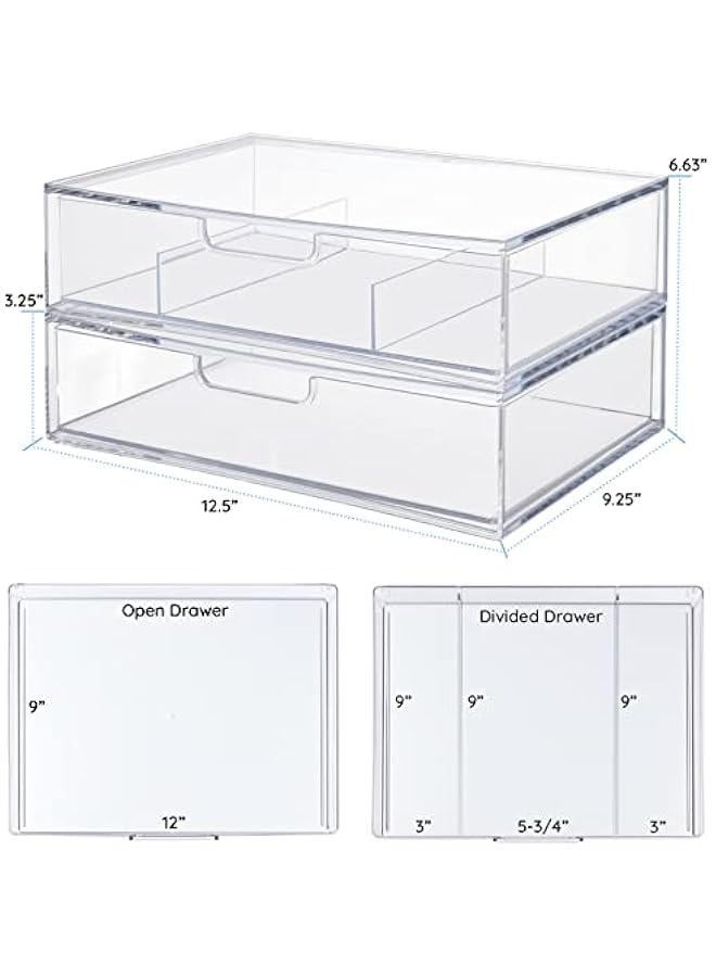 Arabest Sofia 12.5” Wide Clear Stackable Open & Divided Storage Drawers, 2 Pack Plastic Organizer Bins for Makeup Palettes, Cosmetics, & Beauty Supplies, Vanity, Bathroom, Desk Organization, Made in USA  - Image 3