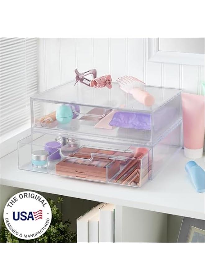 Arabest Sofia 12.5” Wide Clear Stackable Open & Divided Storage Drawers, 2 Pack Plastic Organizer Bins for Makeup Palettes, Cosmetics, & Beauty Supplies, Vanity, Bathroom, Desk Organization, Made in USA  - Image 4