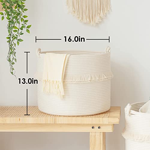 CherryNow Large Woven Storage Baskets – 16'' x 13'' Cotton Rope Decorative Hamper for Nursery, Toys, Blankets, and Laundry, Cute Tassel Nursery Decor - Home Storage Container Off-white - Image 3