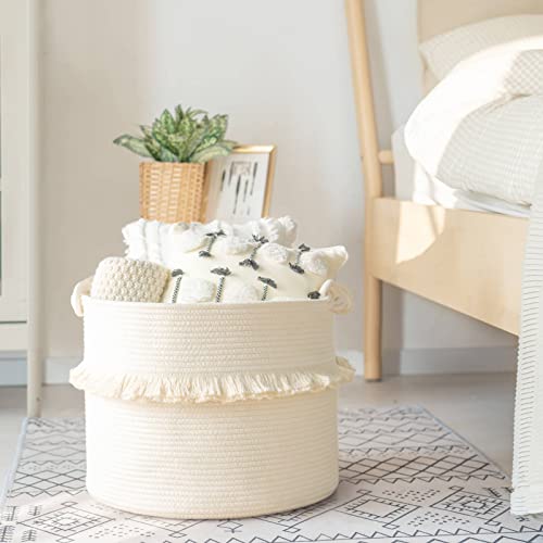 CherryNow Large Woven Storage Baskets – 16'' x 13'' Cotton Rope Decorative Hamper for Nursery, Toys, Blankets, and Laundry, Cute Tassel Nursery Decor - Home Storage Container Off-white - Image 2