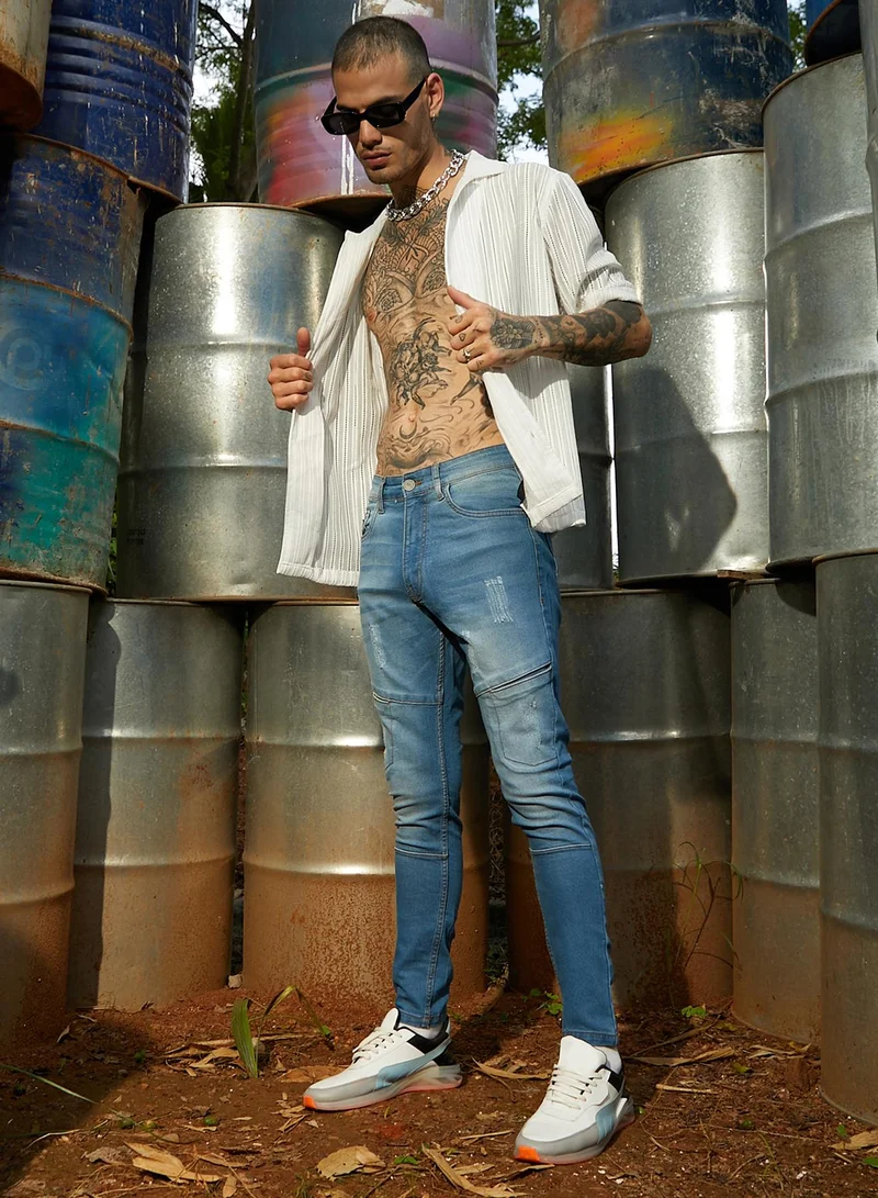 Campus Sutra Men's Light Blue Self-Design Patched Denim Jeans