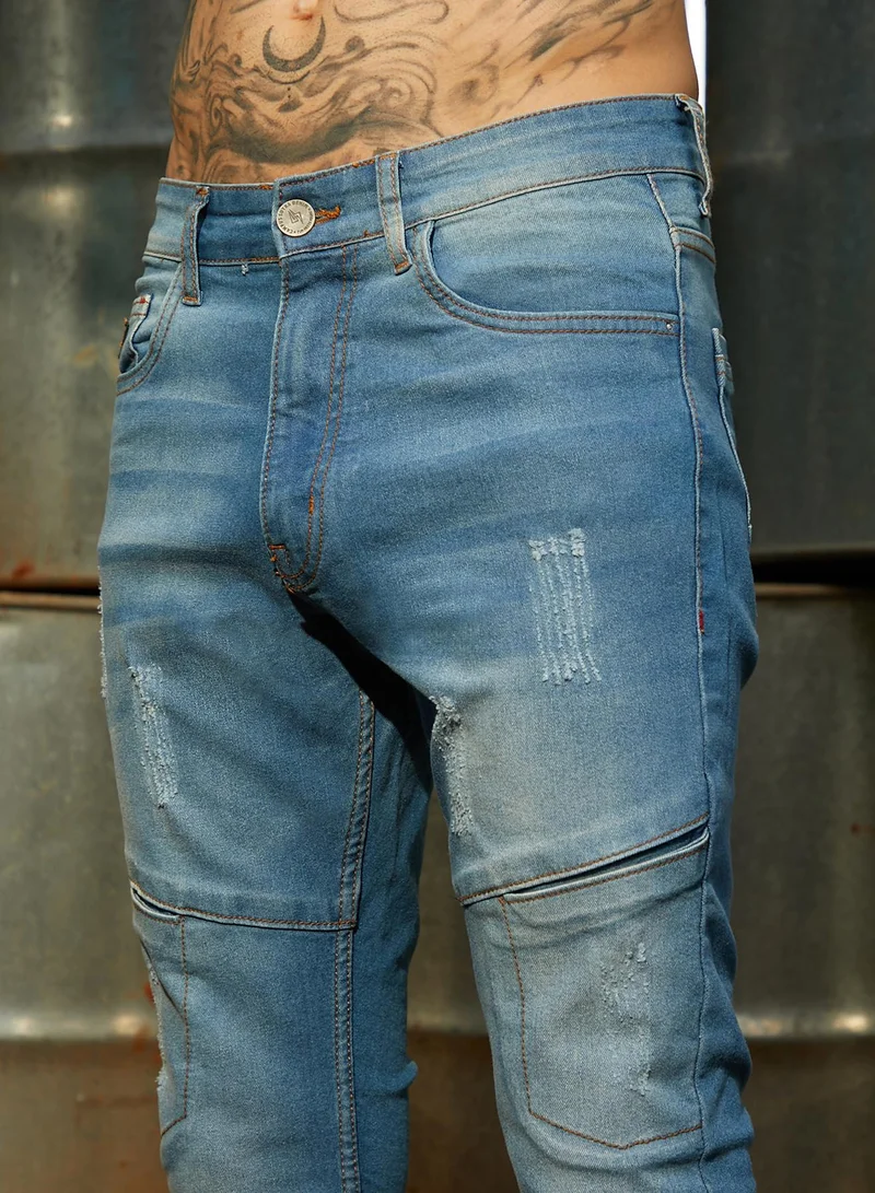 Campus Sutra Men's Light Blue Self-Design Patched Denim Jeans