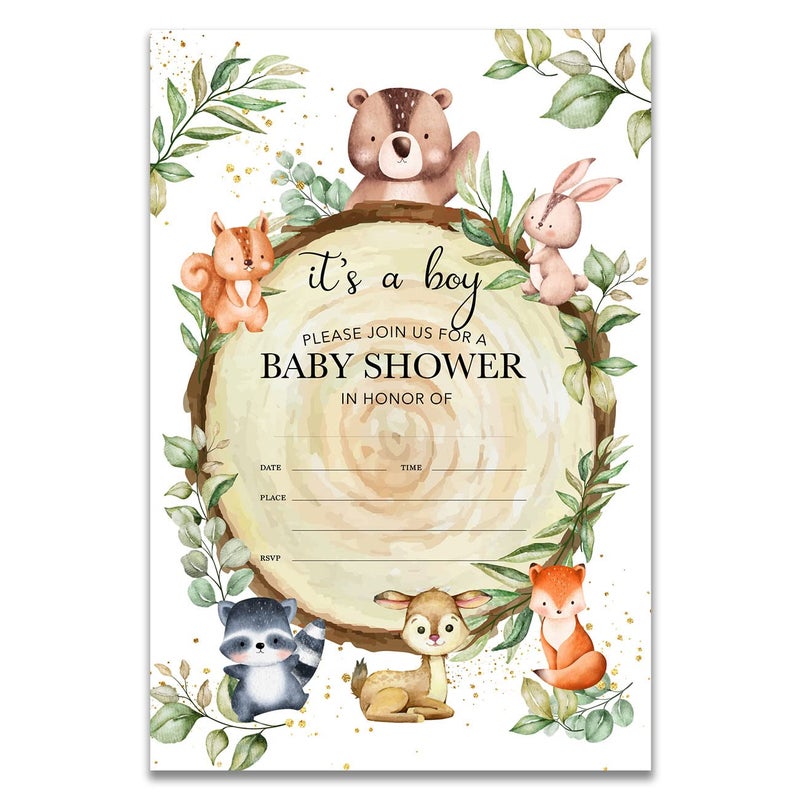 YIDOU Woodland Baby Shower Party Invitations Cute Forest Greenery Wild Animals Baby Shower Party Fill In Invites Cards 20 Invitations and Envelopes Double Sided