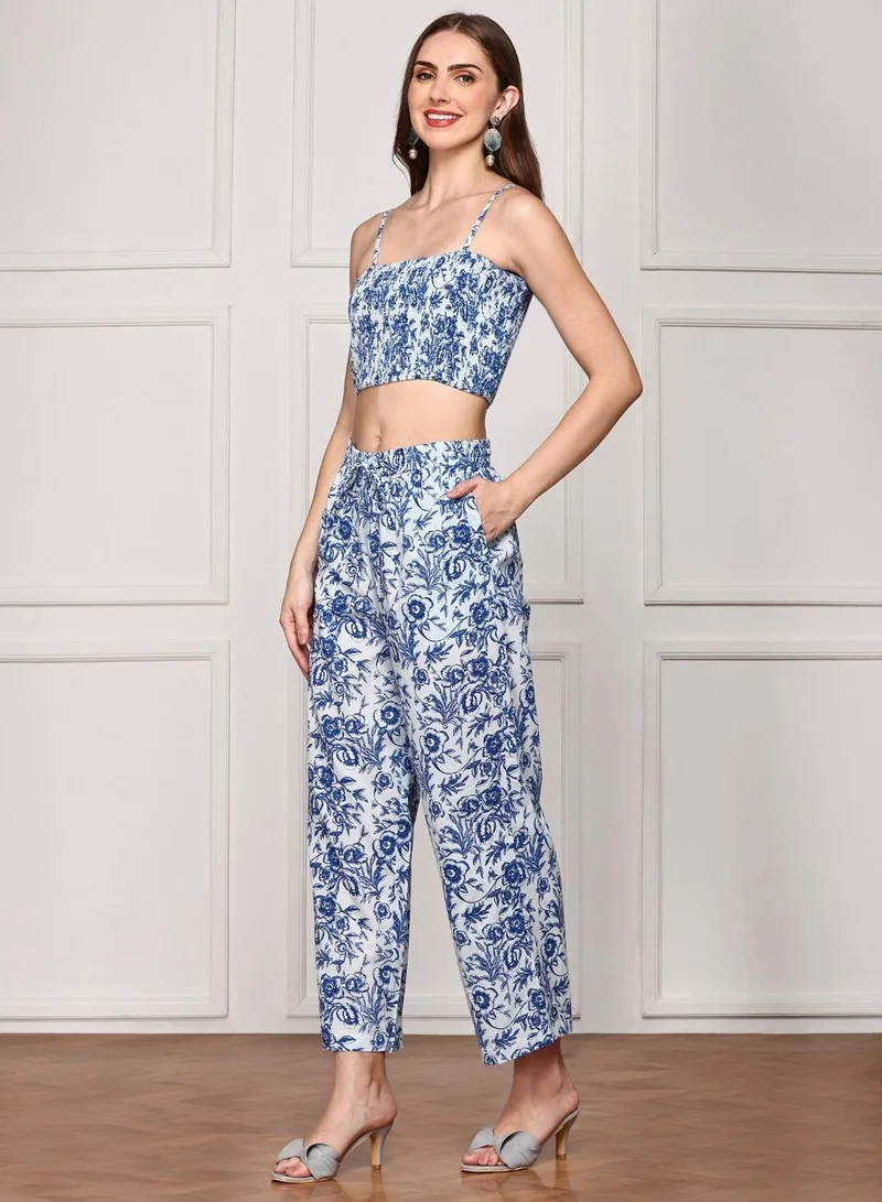ISHIN  Women's Indigo Blue Cotton Blend Embellished Tunic Full Length Palazzo Straight Fit Co-Ords for Women | Best Price UAE
