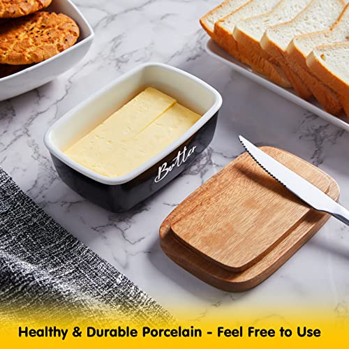 ALELION Black Butter Dish, ALELION Large Ceramic Butter Dish with Lid for Countertop, Butter Keeper Container with Acacia Wooden Lid, Kitchen Decor and Accessories for Counter - Image 5