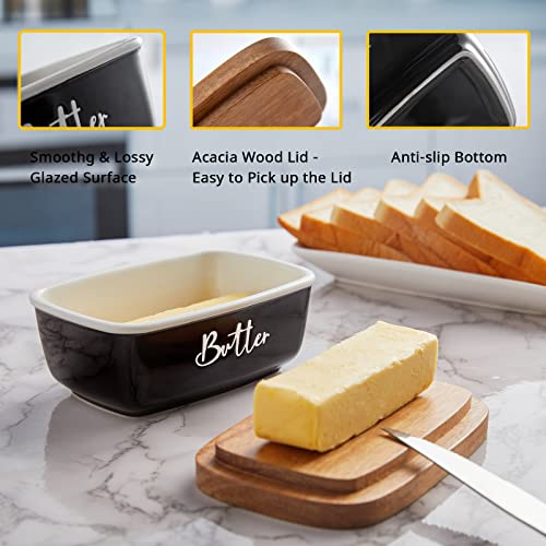 ALELION Black Butter Dish, ALELION Large Ceramic Butter Dish with Lid for Countertop, Butter Keeper Container with Acacia Wooden Lid, Kitchen Decor and Accessories for Counter - Image 4