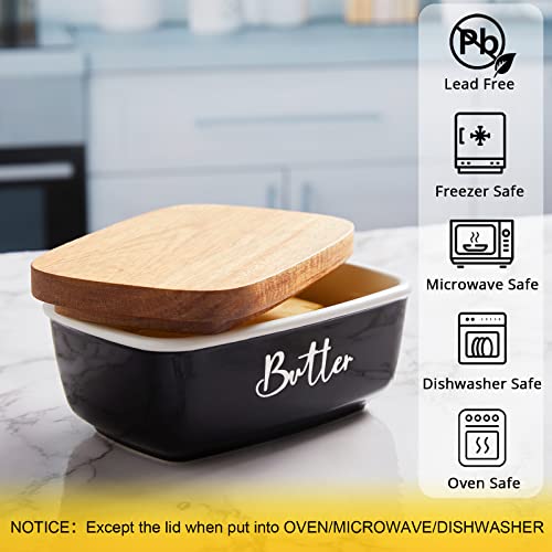 ALELION Black Butter Dish, ALELION Large Ceramic Butter Dish with Lid for Countertop, Butter Keeper Container with Acacia Wooden Lid, Kitchen Decor and Accessories for Counter - Image 3