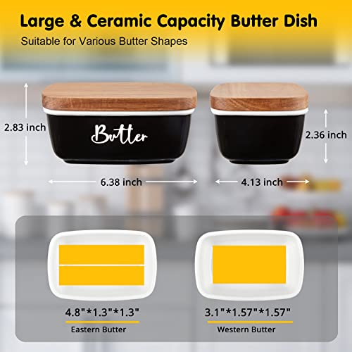ALELION Black Butter Dish, ALELION Large Ceramic Butter Dish with Lid for Countertop, Butter Keeper Container with Acacia Wooden Lid, Kitchen Decor and Accessories for Counter - Image 2