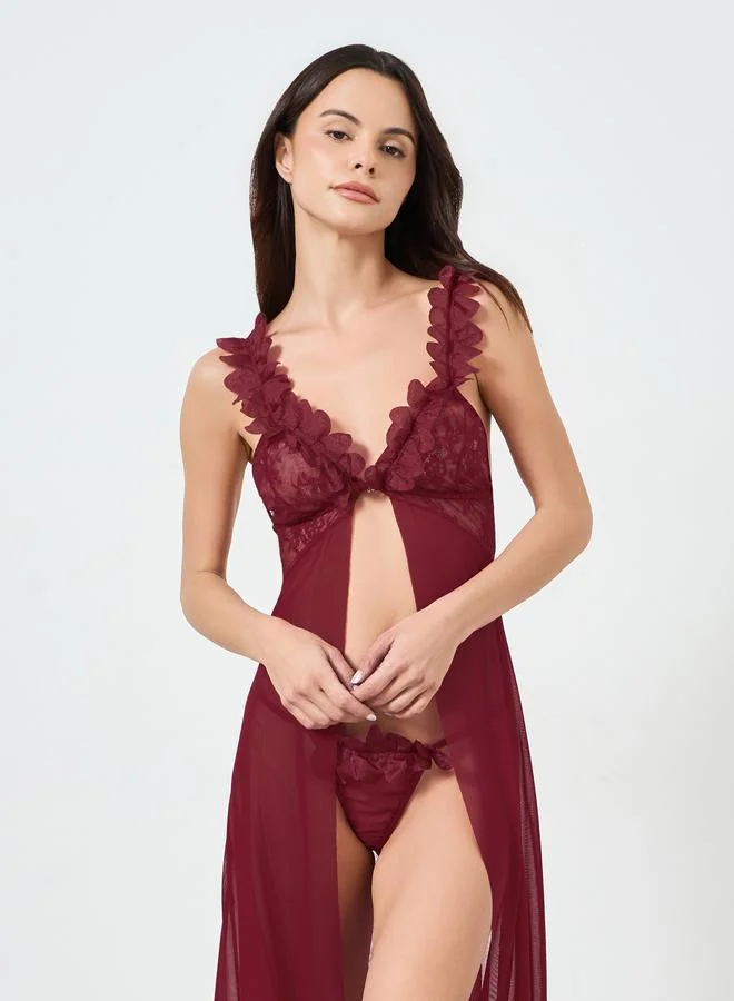 Take Two Burgundy Applique Trim Slip Dress with Brief