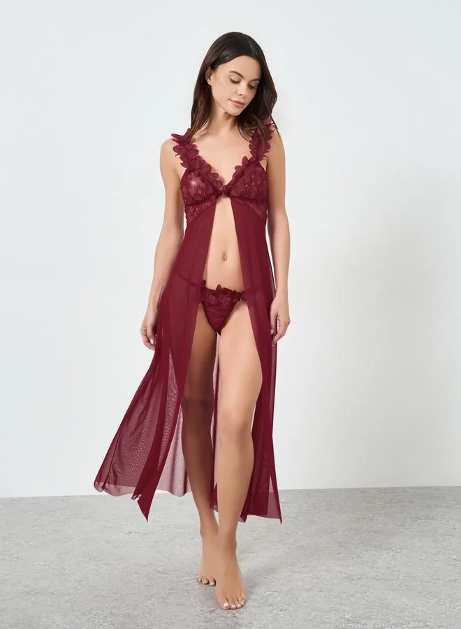 Take Two Burgundy Applique Trim Slip Dress with Brief