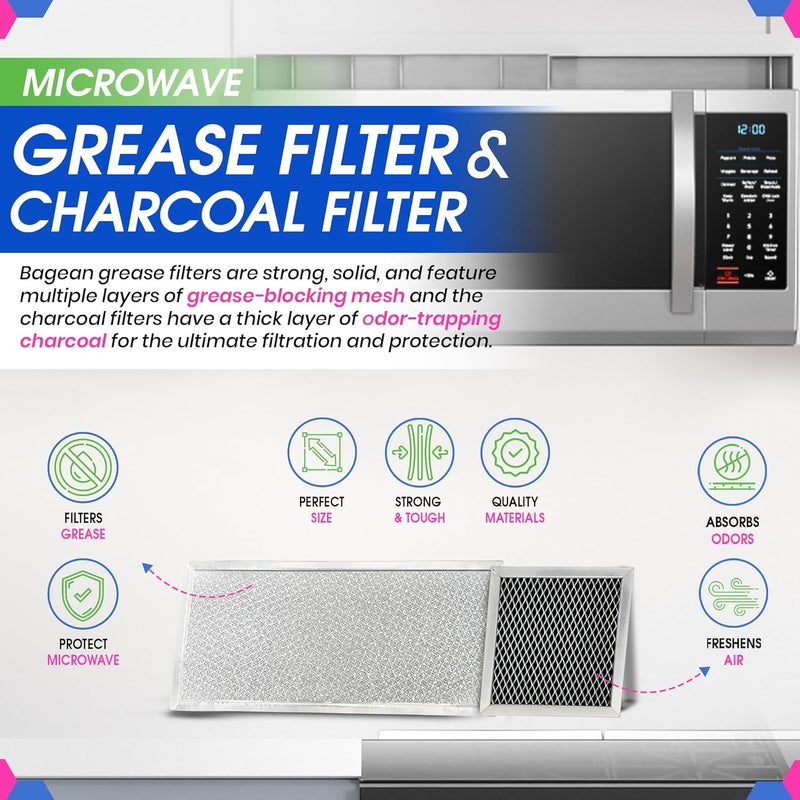 Bagean Grease Microwave Vent Filter W10208631A and Charcoal 8206230A Whirlpool Microwave Filter Replacement Combo Pack - Aluminum Mesh and Carbon Filters Refresh The Kitchen Stove Oven Air (2-Sets) - Image 2
