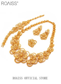 roaiss 4-Piece Gold-plated Bride Wedding Wear Jewelry Set Necklace Bracelet Flower Earrings Ring for Women Golden  - Image 3