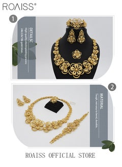 roaiss 4-Piece Gold-plated Bride Wedding Wear Jewelry Set Necklace Bracelet Flower Earrings Ring for Women Golden  - Image 5