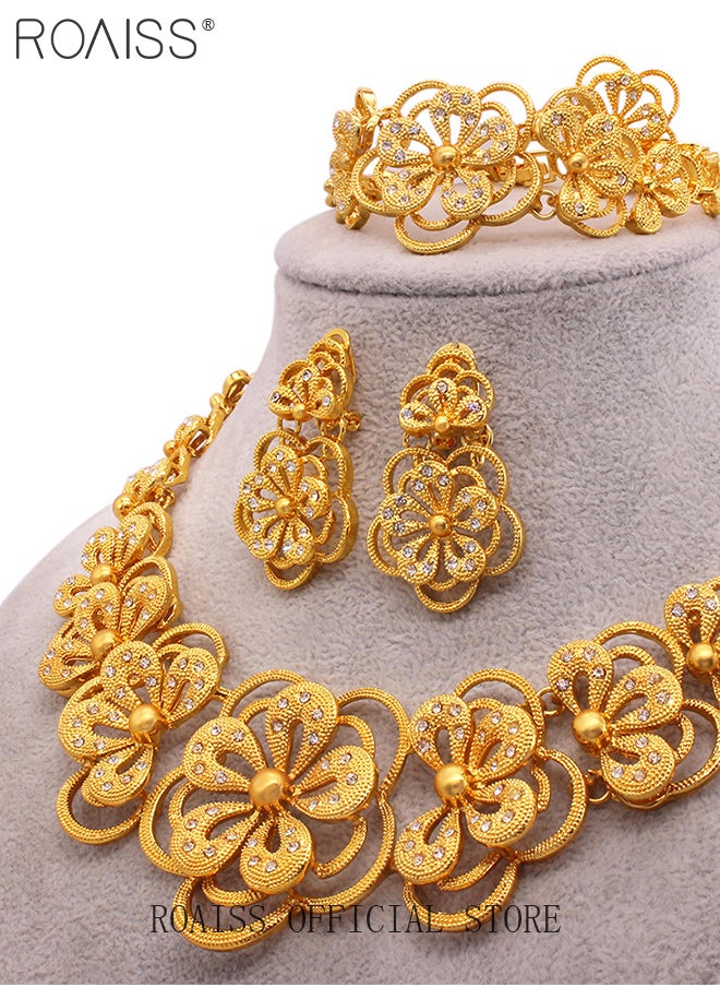 roaiss 4-Piece Gold-plated Bride Wedding Wear Jewelry Set Necklace Bracelet Flower Earrings Ring for Women Golden  - Image 2