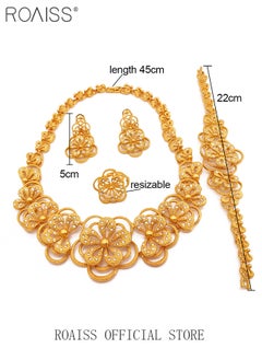 roaiss 4-Piece Gold-plated Bride Wedding Wear Jewelry Set Necklace Bracelet Flower Earrings Ring for Women Golden  - Image 4