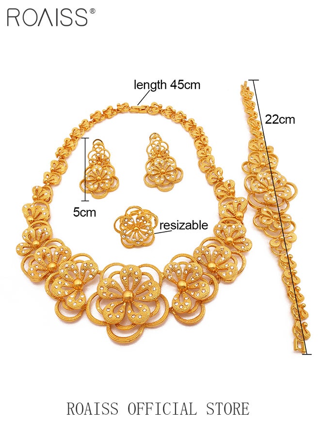 roaiss 4-Piece Gold-plated Bride Wedding Wear Jewelry Set Necklace Bracelet Flower Earrings Ring for Women Golden  - Image 4
