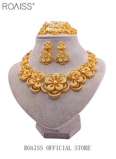 roaiss 4-Piece Gold-plated Bride Wedding Wear Jewelry Set Necklace Bracelet Flower Earrings Ring for Women Golden  - Image 1