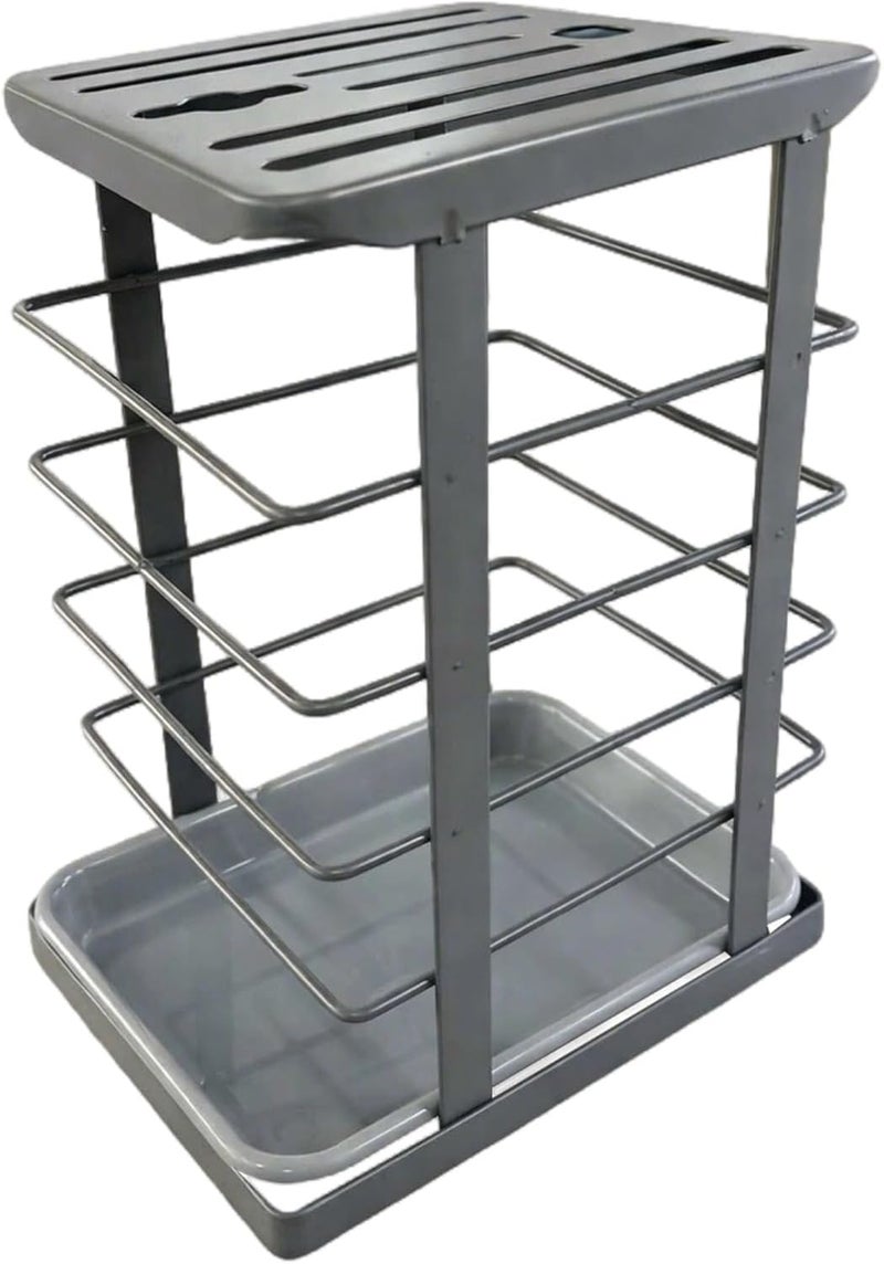 Gray Carbon Steel Knife Block with Drain Tray, Slanted Knife Stand, Kitchen Countertop Organizer for Knives, Scissors, and Sharpening Rods - Image 1