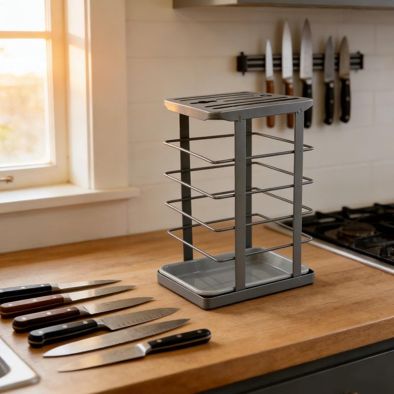 Gray Carbon Steel Knife Block with Drain Tray, Slanted Knife Stand, Kitchen Countertop Organizer for Knives, Scissors, and Sharpening Rods - Image 3