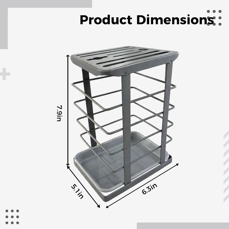 Gray Carbon Steel Knife Block with Drain Tray, Slanted Knife Stand, Kitchen Countertop Organizer for Knives, Scissors, and Sharpening Rods - Image 2