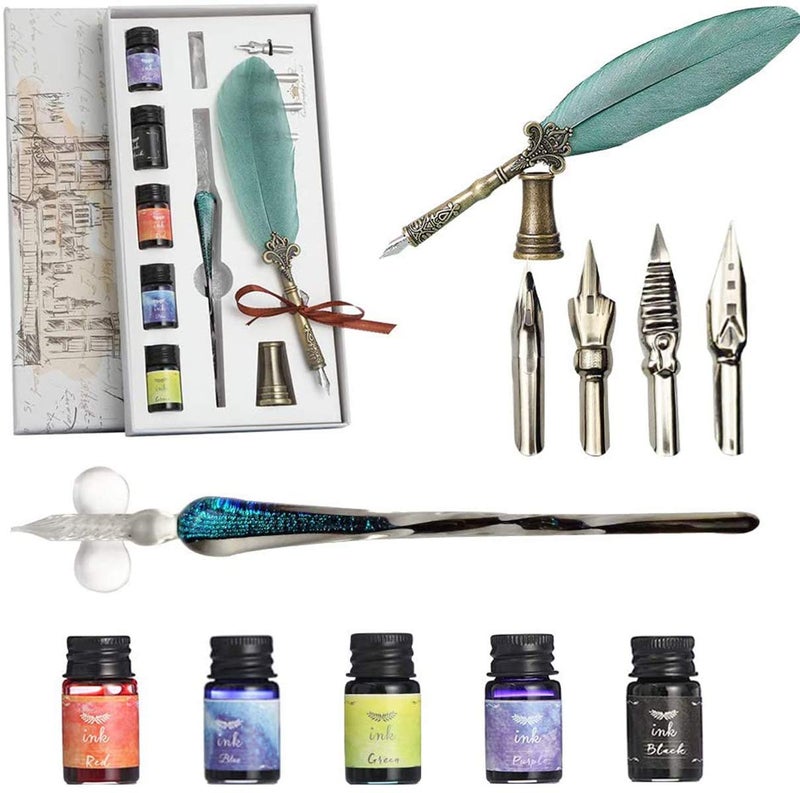 Feather Pen Caligraphy Pen, Vintage Calligraphy Glass Dip Pen, Quill Pen and Ink Set, Calligraphy Pen Kits, Glass Dip Pen Set with Ink, Calligraphy Pen Kits for Beginners