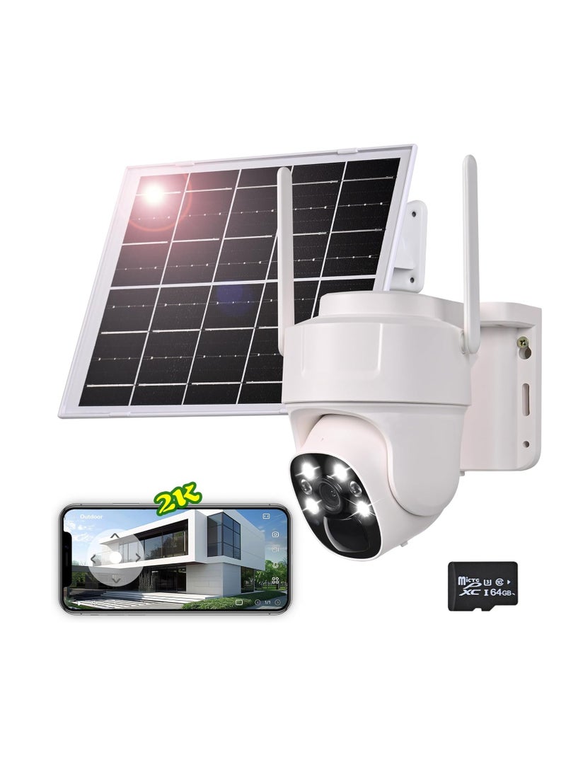 كاميرا واي فاي خارجية مع لوحة طاقة شمسية لاسلكية، مجموعة طاقة البطارية، مراقبة الفيديو، إنذار مع كشف PIR، رؤية ليلية 2K ملونة 360 درجة PTZ+بطاقة SD سعة 64 جيجابايت - Image 1