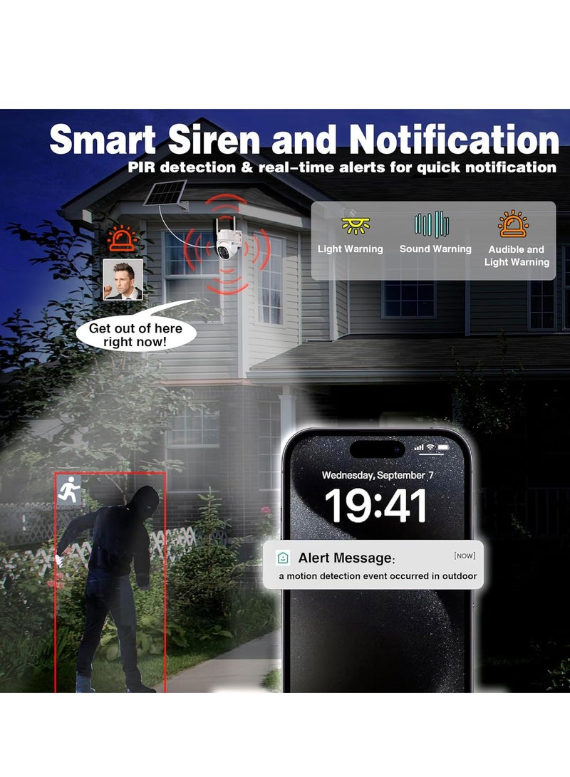 كاميرا واي فاي خارجية مع لوحة طاقة شمسية لاسلكية، مجموعة طاقة البطارية، مراقبة الفيديو، إنذار مع كشف PIR، رؤية ليلية 2K ملونة 360 درجة PTZ+بطاقة SD سعة 64 جيجابايت - Image 3