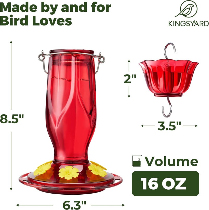 Kingsyard مغذي زهور النحل من كينغزيارد (Kingsyard Glass Hummingbird Feeder)، يحتوي على 6 فتحات لتغذية الطيور، مصمم للتعليق في الحديقة، سعته 16 أونصة، مقاوم للصدأ والتسرب، مناسب لزينة الحدائق الخلفية، يأتي مع حاجز ضد النمل، بلون أحمر داكن. - Image 5