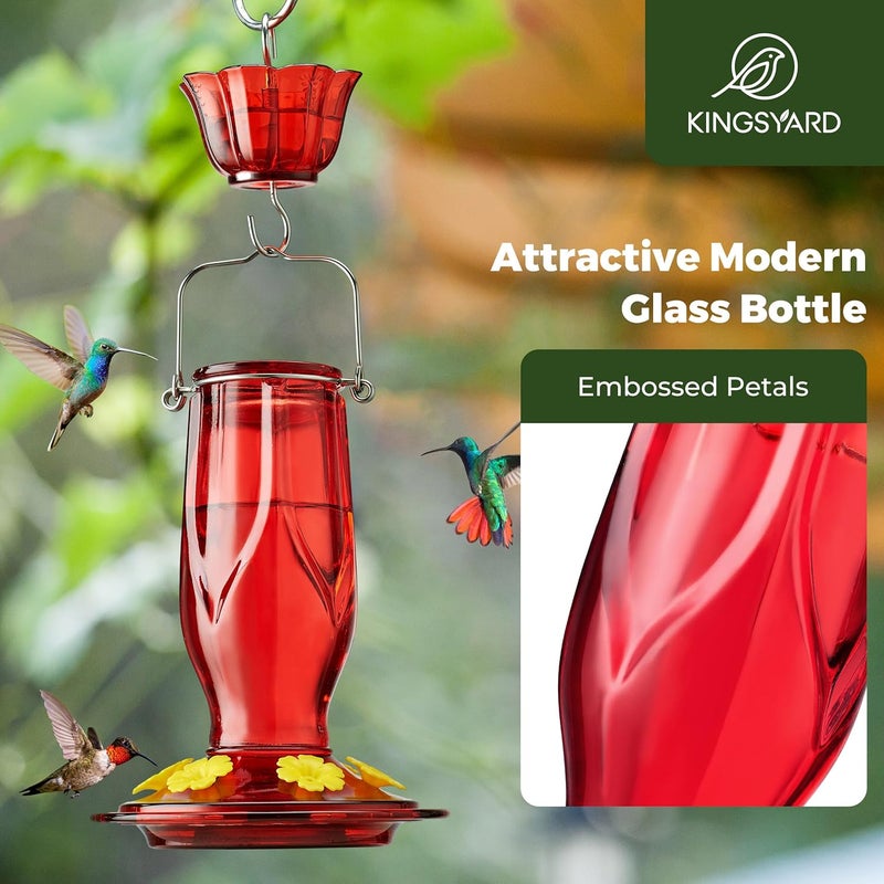 Kingsyard مغذي زهور النحل من كينغزيارد (Kingsyard Glass Hummingbird Feeder)، يحتوي على 6 فتحات لتغذية الطيور، مصمم للتعليق في الحديقة، سعته 16 أونصة، مقاوم للصدأ والتسرب، مناسب لزينة الحدائق الخلفية، يأتي مع حاجز ضد النمل، بلون أحمر داكن. - Image 3