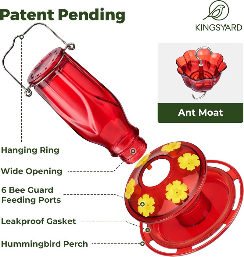 Kingsyard مغذي زهور النحل من كينغزيارد (Kingsyard Glass Hummingbird Feeder)، يحتوي على 6 فتحات لتغذية الطيور، مصمم للتعليق في الحديقة، سعته 16 أونصة، مقاوم للصدأ والتسرب، مناسب لزينة الحدائق الخلفية، يأتي مع حاجز ضد النمل، بلون أحمر داكن. - Image 4